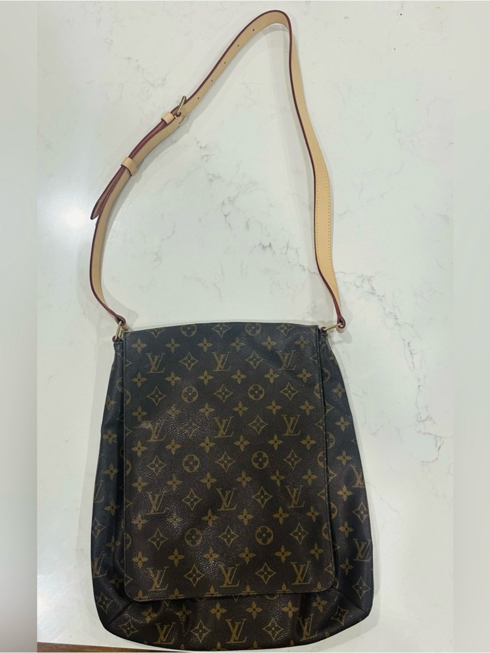 Louis Vuitton Monogram Canvas Shoulder Bag with Natural Leather Strap